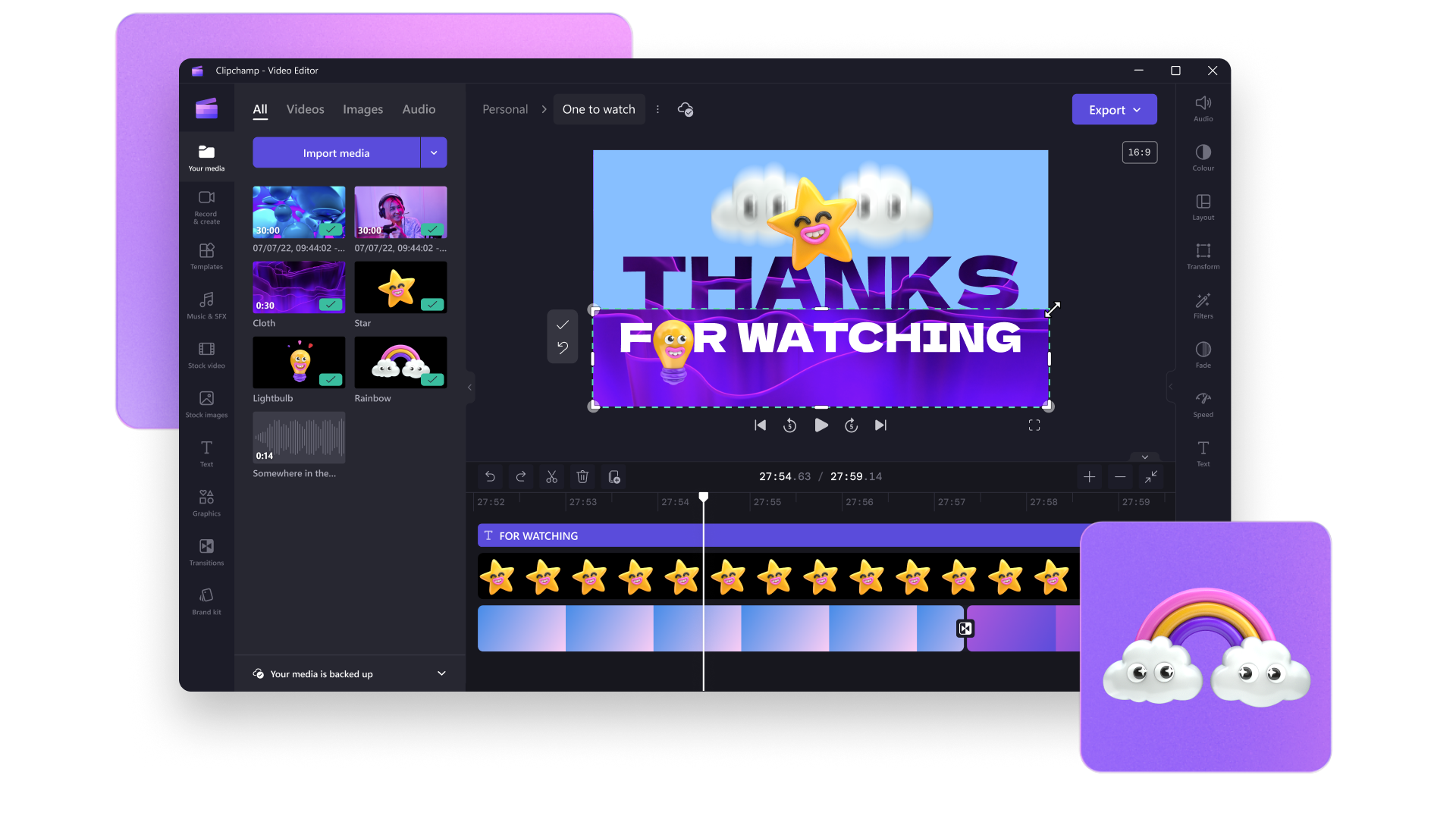 An image of Clipchamp 幸运飞行艇官方开奖直播 video editor showcasing different media on the video editing timeline. There is text on the screen that reads "Thanks for Watching". There are stickers of smiling stars, a light bulb and a rainbow. 
