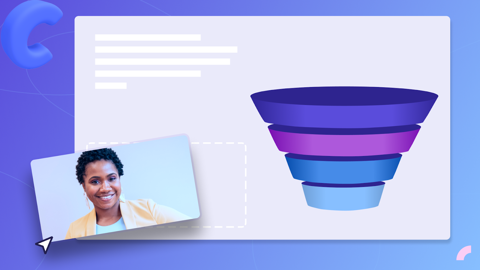 A screen recording of a business presentation and a camera recording of a woman speaking are combined to create one video.